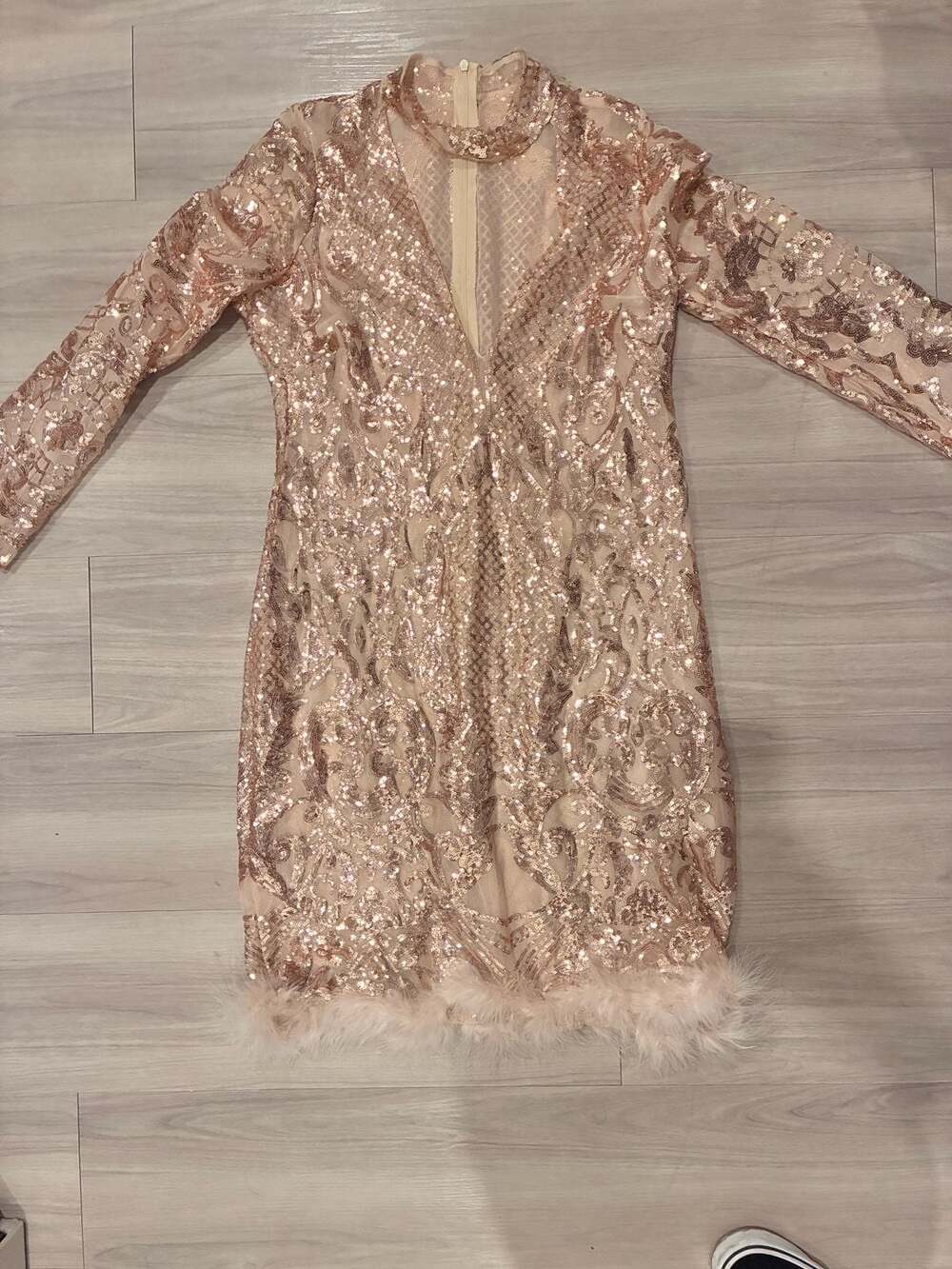 Rose Gold Sequin Long Sleeve Bodycon Mini Dress with Feather Hem XL